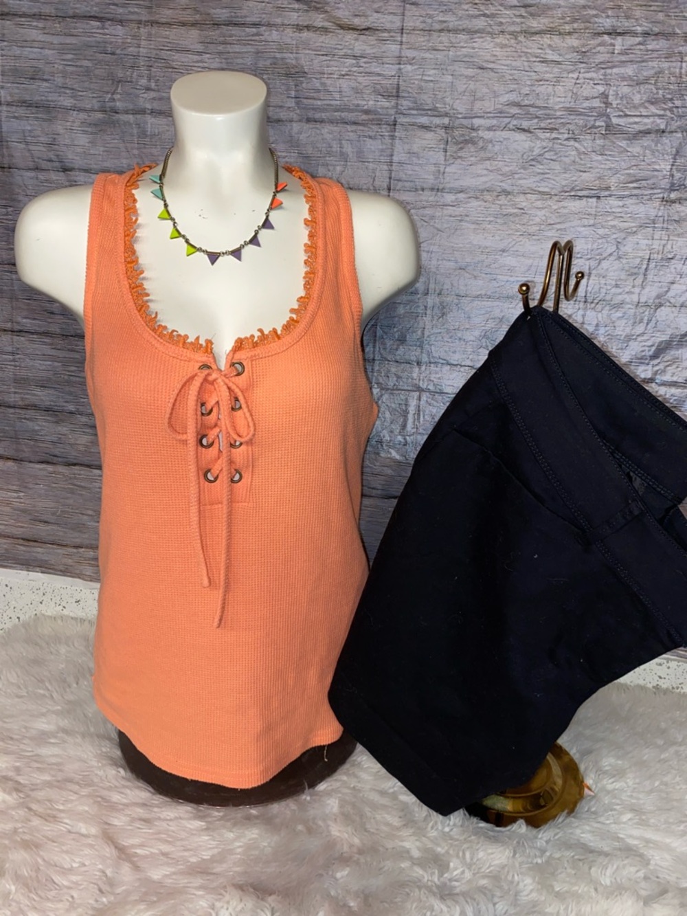 POL Peach Lace-Trim Ribbed Tank Top